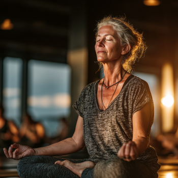 Persona matura che pratica yoga in un ambiente naturale tranquillo