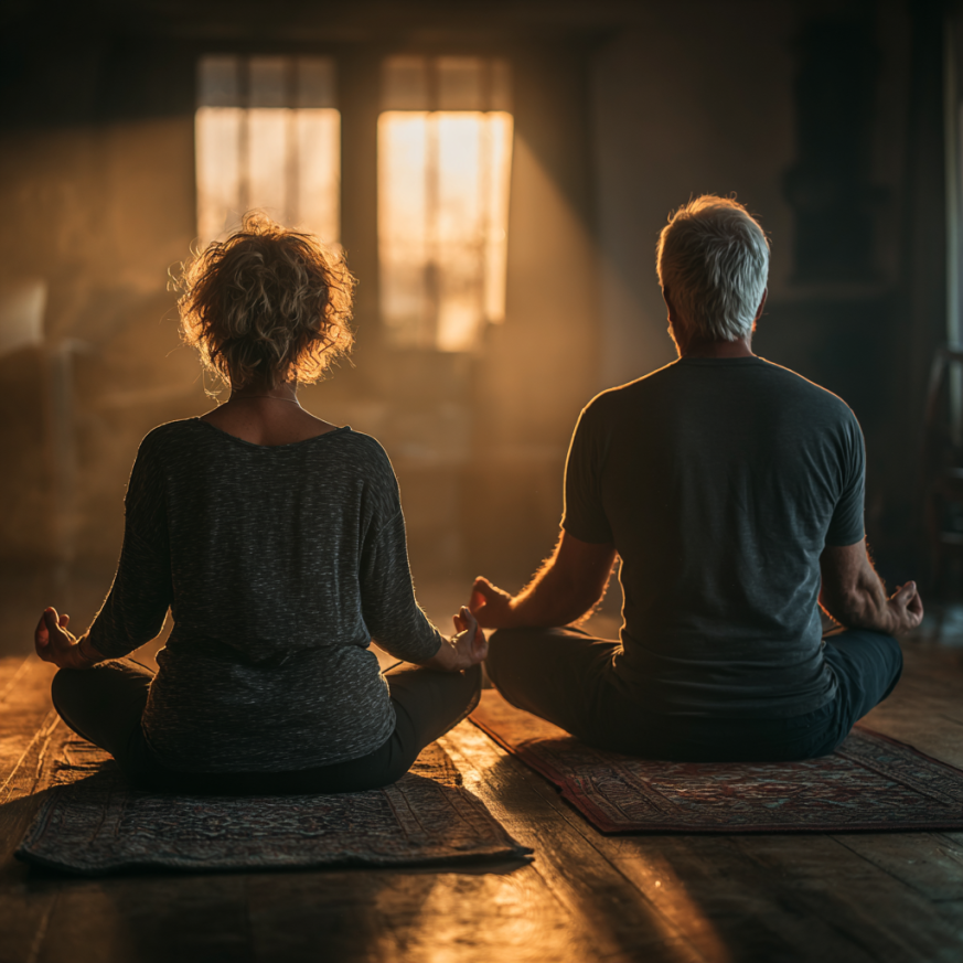 Gruppo di persone mature che partecipano a una sessione di yoga dolce